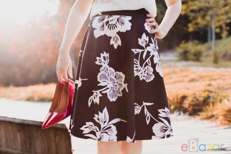 Black midi skirt with white flowers