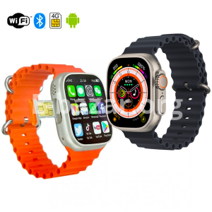 First S8 Ultra 4G SIM+ Camera Android Ultra Smartwatch 1GB RAM+ 16GB Storage (Black + Orange Strap)- Body Silver/Golden Color